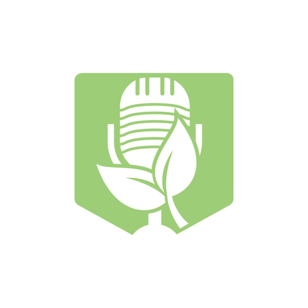 podcast foglia natura ecologia vettore logo design. logo del talk show podcast con microfono e foglie.