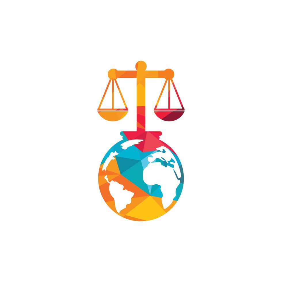 internazionale tribunale e supremo Tribunale logo concetto. bilancia su globo icona design. vettore