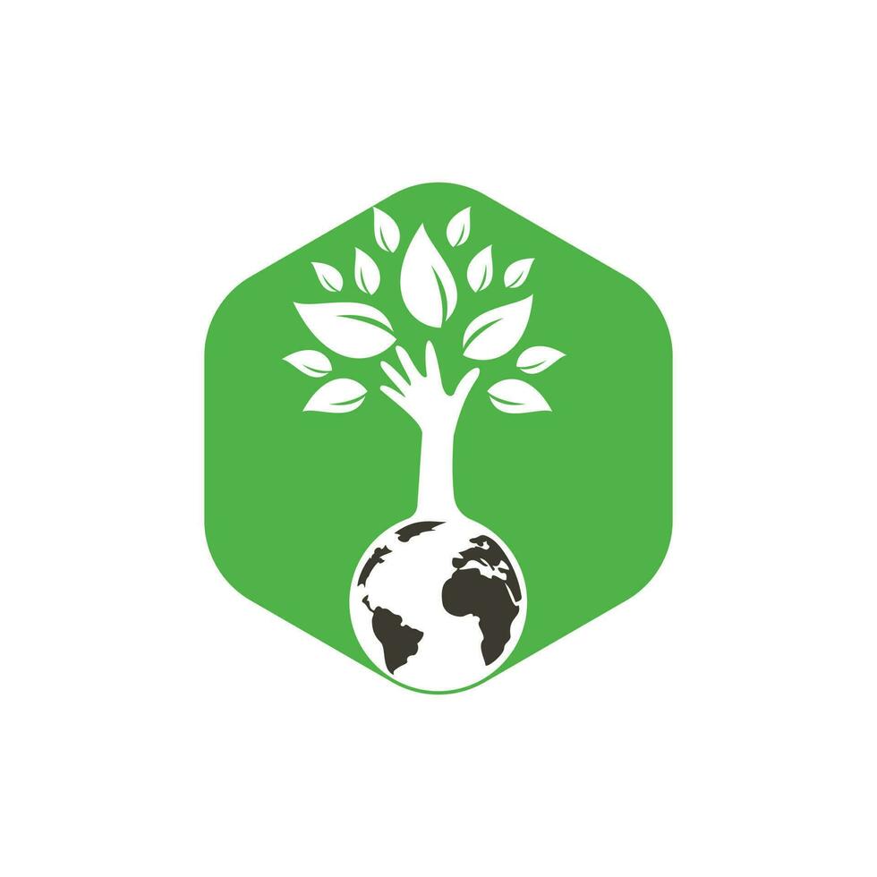 globo e mano albero vettore logo design. ecologia e sostenibile concetto.