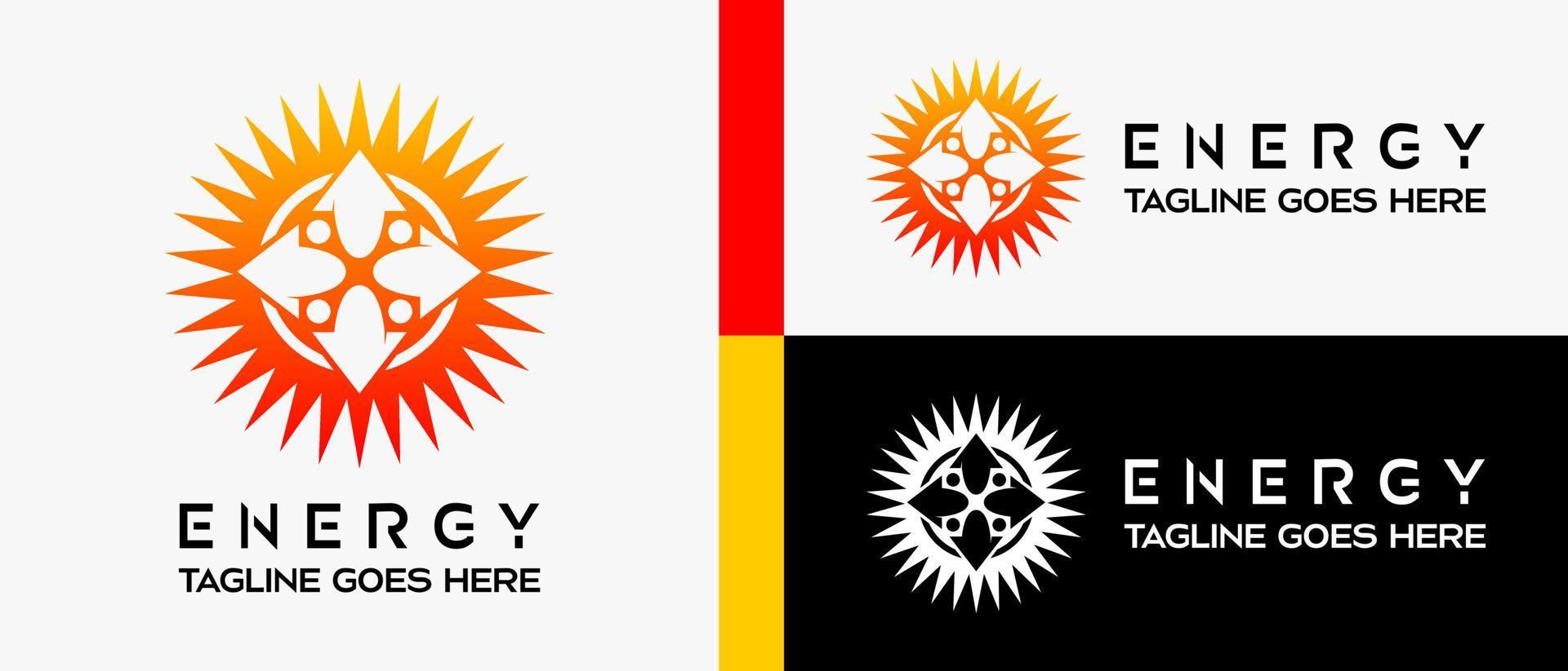energia logo design modello, sole icona e freccia nel cerchio. vettore astratto logo illustrazione