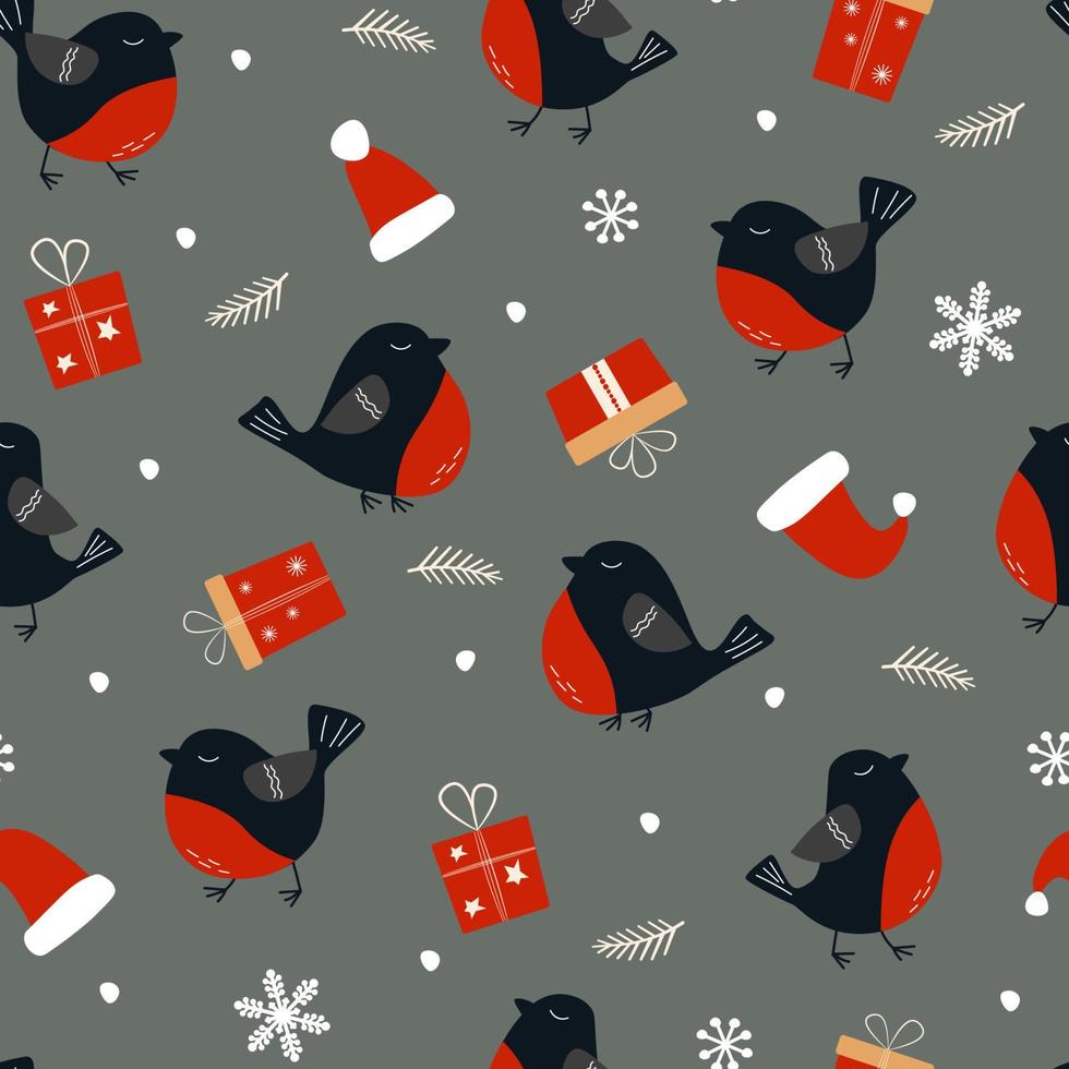 senza soluzione di continuità modello con inverno uccelli ciuffolotti, fiocchi di neve, abete rosso rami, i regali, Santa cappelli. Natale Stampa. vettore grafica.