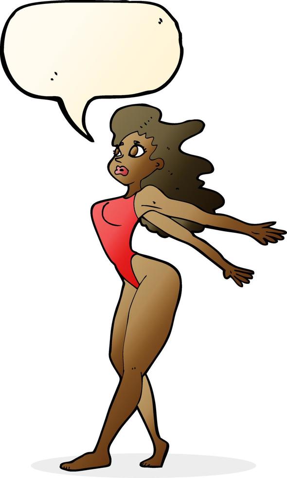 cartone animato donna nel costume da bagno con discorso bolla vettore