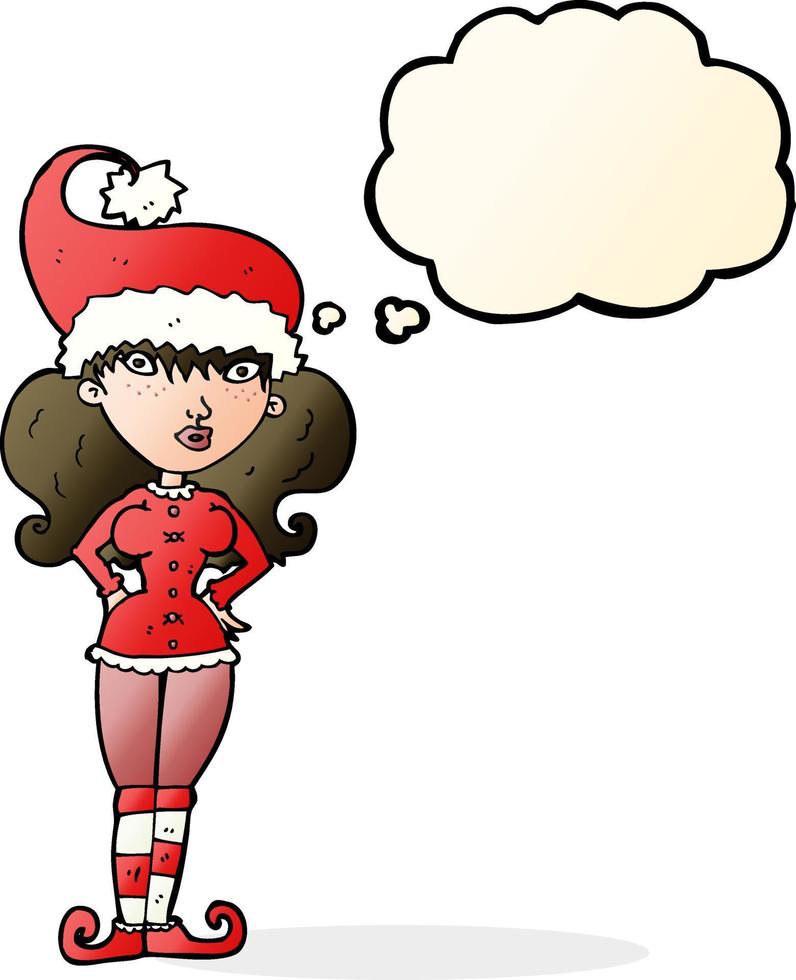 cartone animato Santa S aiutante donna con pensato bolla vettore