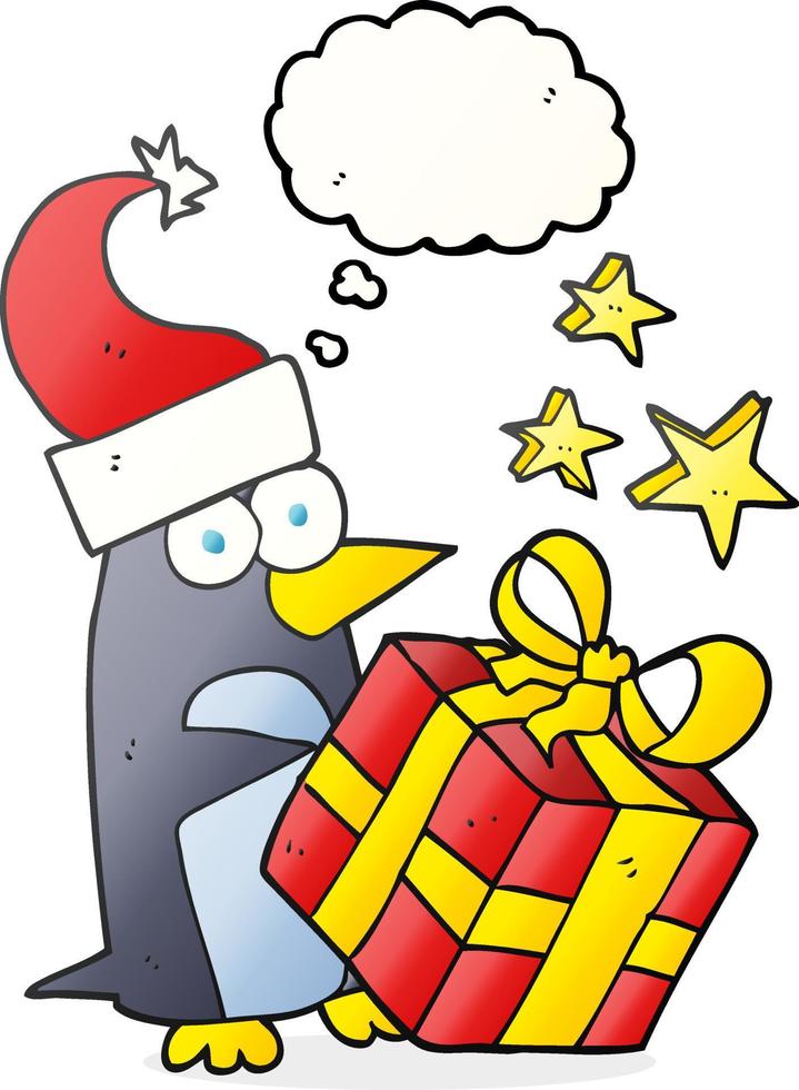a mano libera disegnato pensato bolla cartone animato Natale pinguino con presente vettore