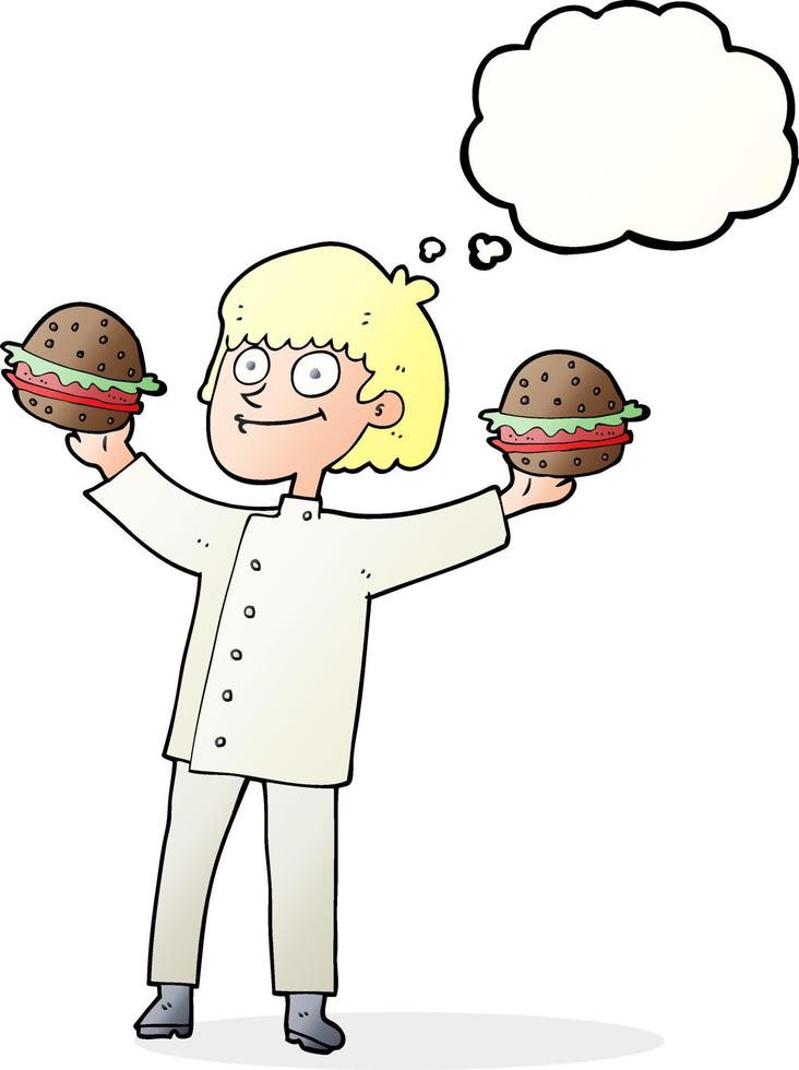 a mano libera disegnato pensato bolla cartone animato capocuoco con hamburger vettore