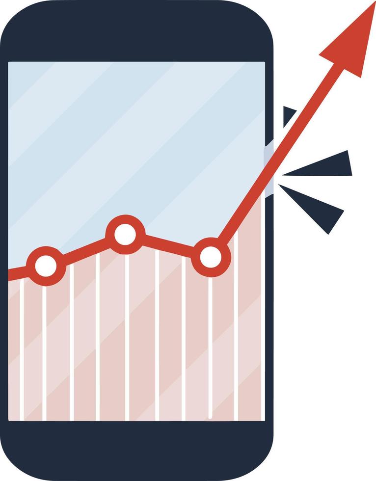 attività commerciale programma con rosso freccia su mobile Telefono schermo. grafico nel smartphone. applicazione per in linea commercio e statistiche. crescita pause confini e limiti. cartone animato piatto illustrazione vettore