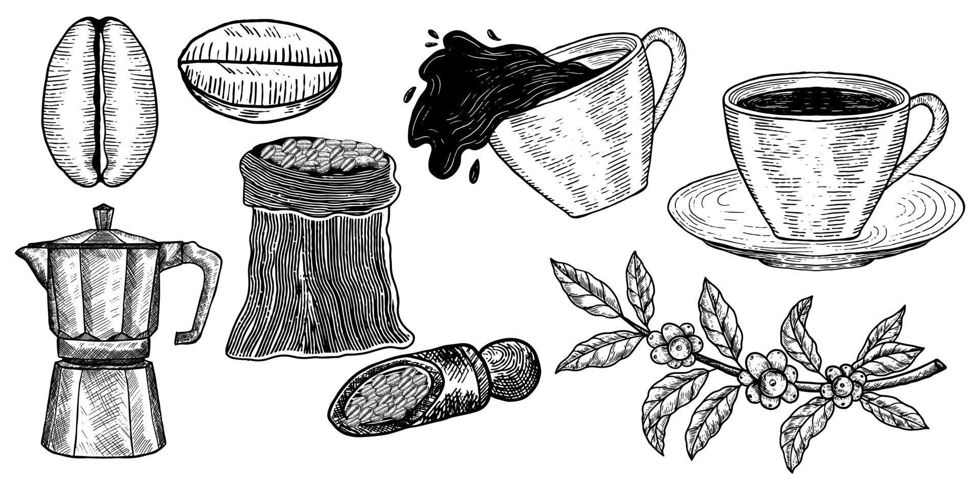 illustrazione elementi caffè ramo, caffè fagiolo, tazza di caffè, sacco di caffè, moka pentola vettore