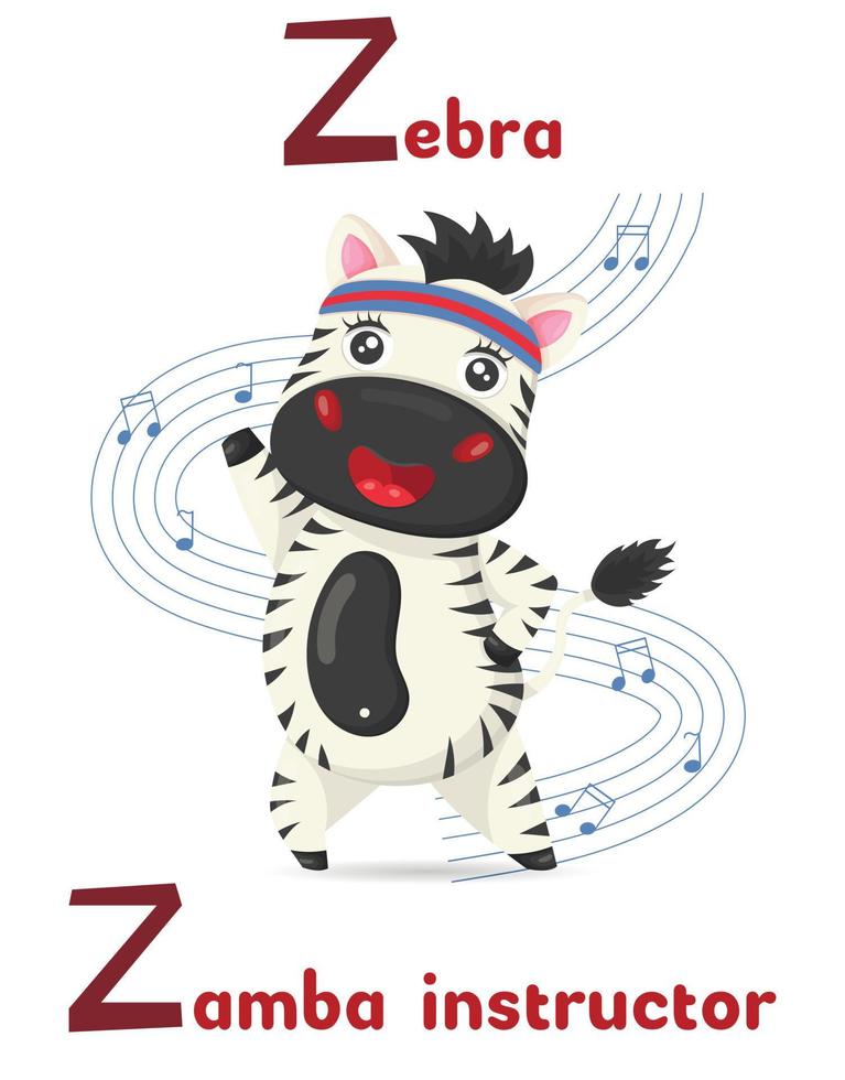 latino alfabeto abc animale professioni di partenza con lettera z zebra zamba istruttore nel cartone animato stile. vettore