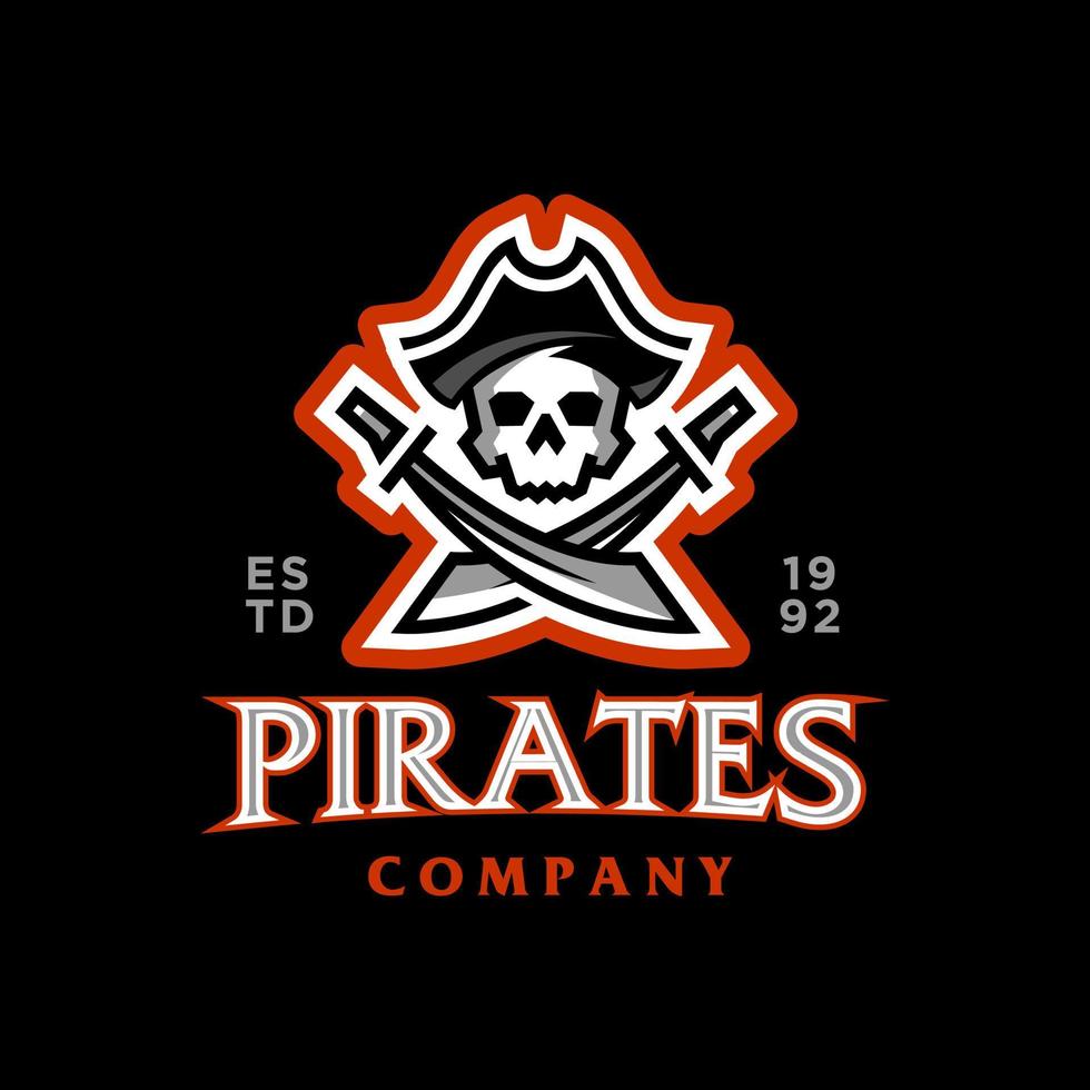 pirati esport logo. pirata cranio con cappello e attraversamento spade marinaio emblema logo design illustrazione nel di moda linea gioco portafortuna stile vettore