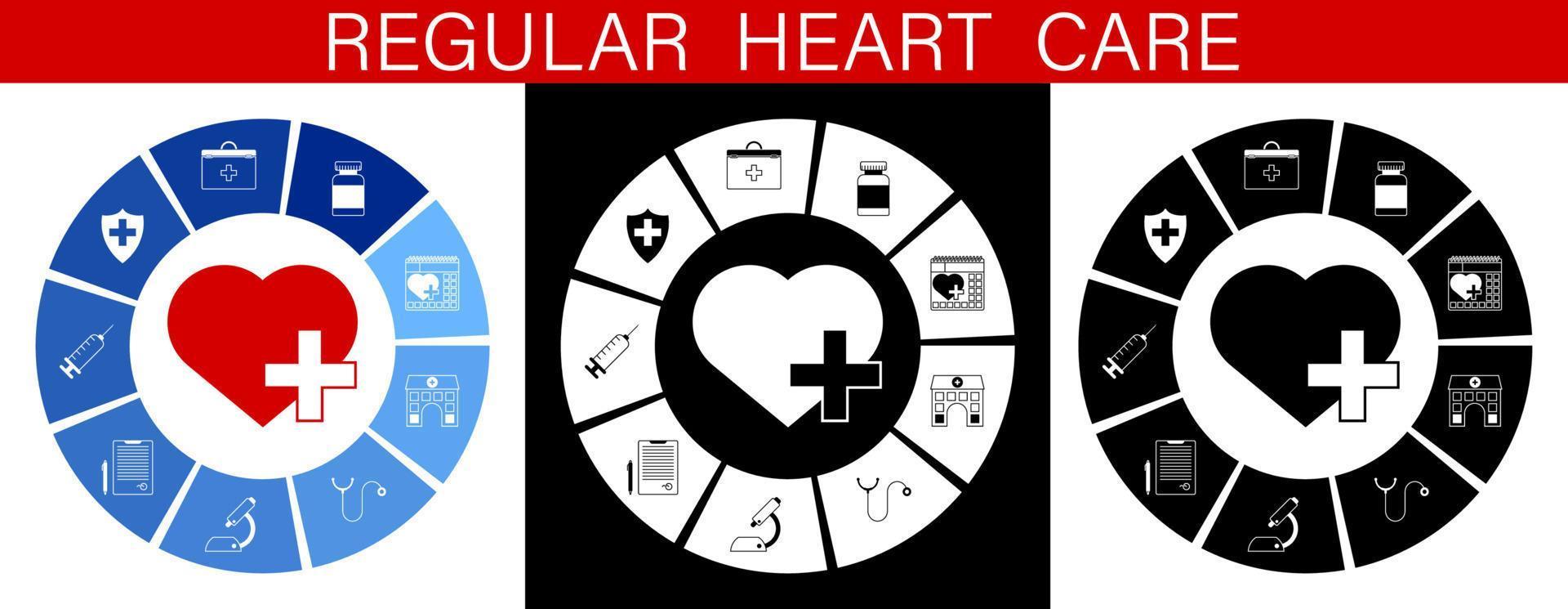 cuore cura infografica. regolare medico esami. Salute cura. primo aiuto kit, stetoscopio, pillole, siringa, microscopio, Ospedale, medico conclusione. vettore