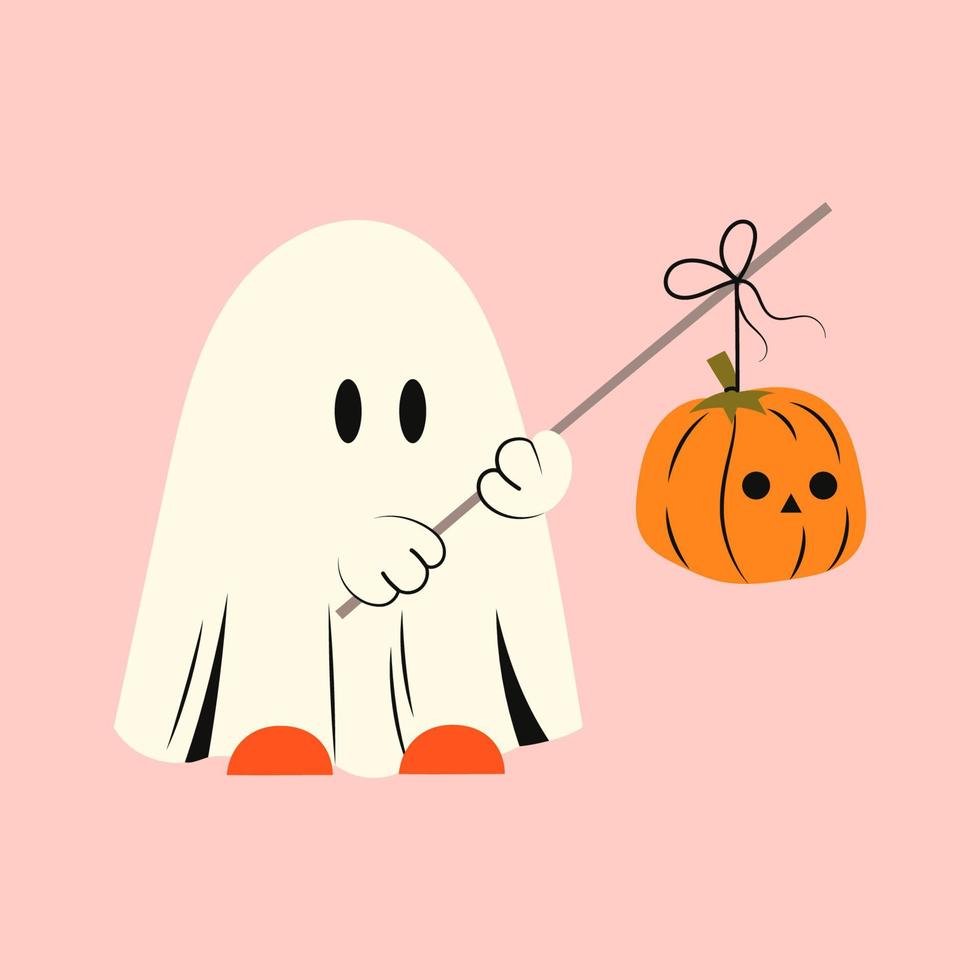 Halloween fantasma con zucca. kawaii fantasma nel bianca Abiti e bastone. kawaii mostro mistico disegno concetto. piatto vettore illustrazione isolato con zucche e vacanza elementi.