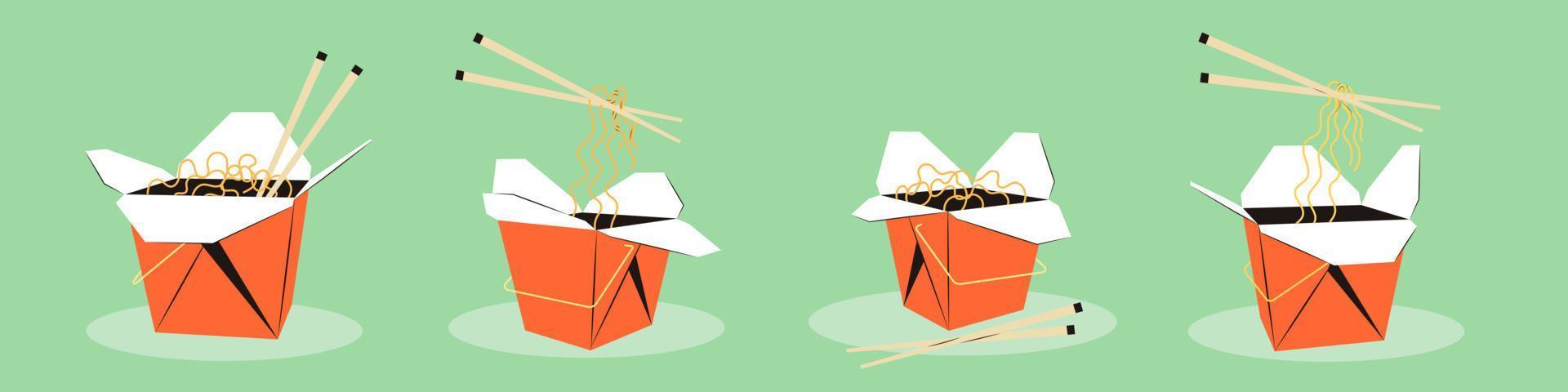 ramen tagliatelle nel un' wok scatola. rosso pacchetto con di legno bastoni. asiatico ramen la minestra illustrazione. tradizionale udon nel un' carta Borsa per porta via. vettore piatto illustrazione