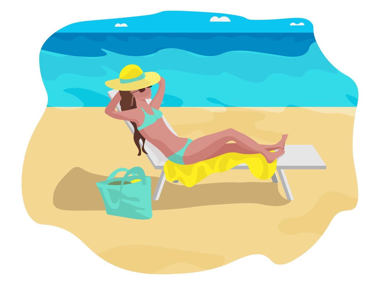 un' ragazza nel un' cappello su il spiaggia di il mare. vettore illustrazione