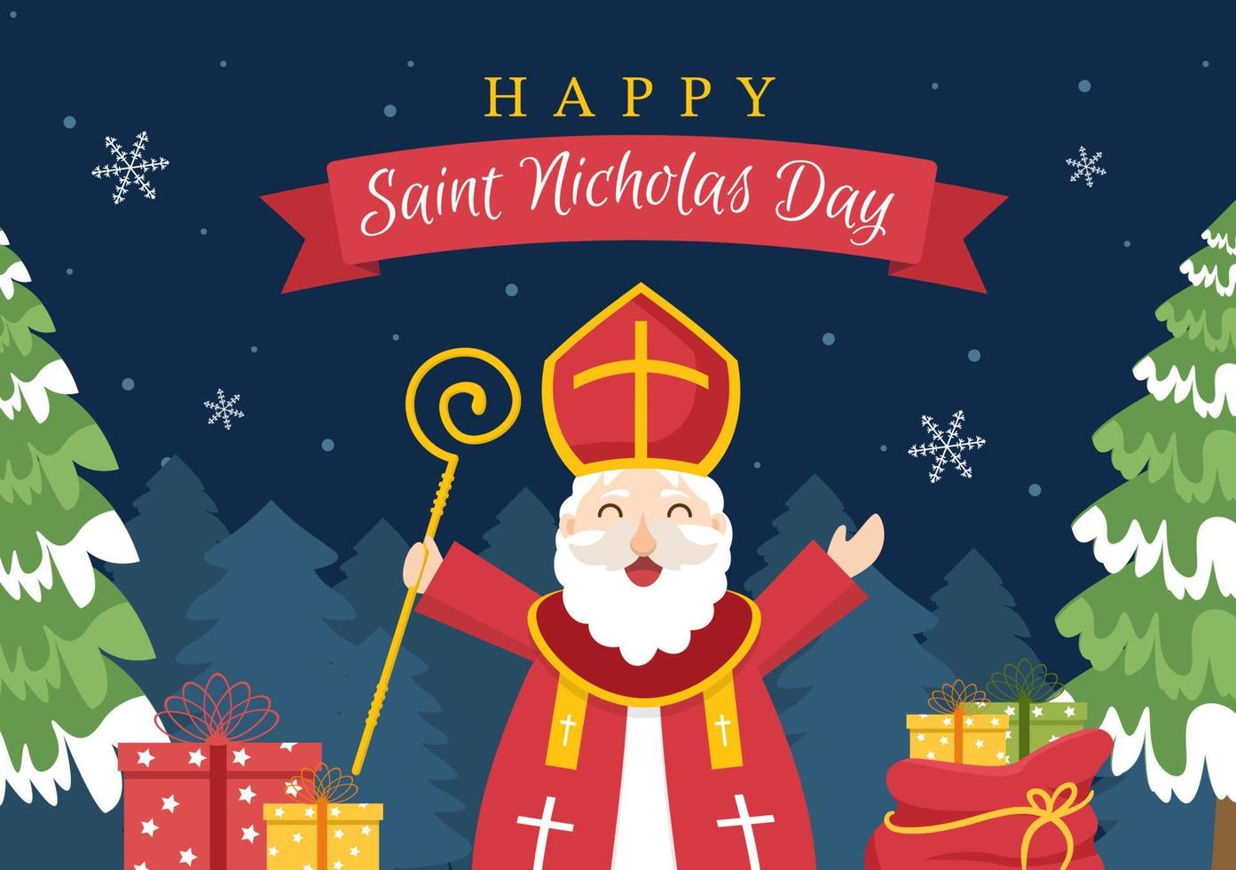 santo Nicholas giorno o sinterklaas celebrazione modello mano disegnato cartone animato piatto illustrazione con regalo scatola e inverno sfondo design vettore