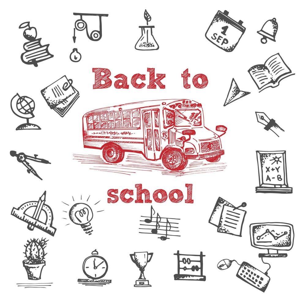 mano disegnato scuola autobus simbolo su bianca sfondo. con testo indietro per scuola. Vintage ▾ sfondo. lavagna design vettore