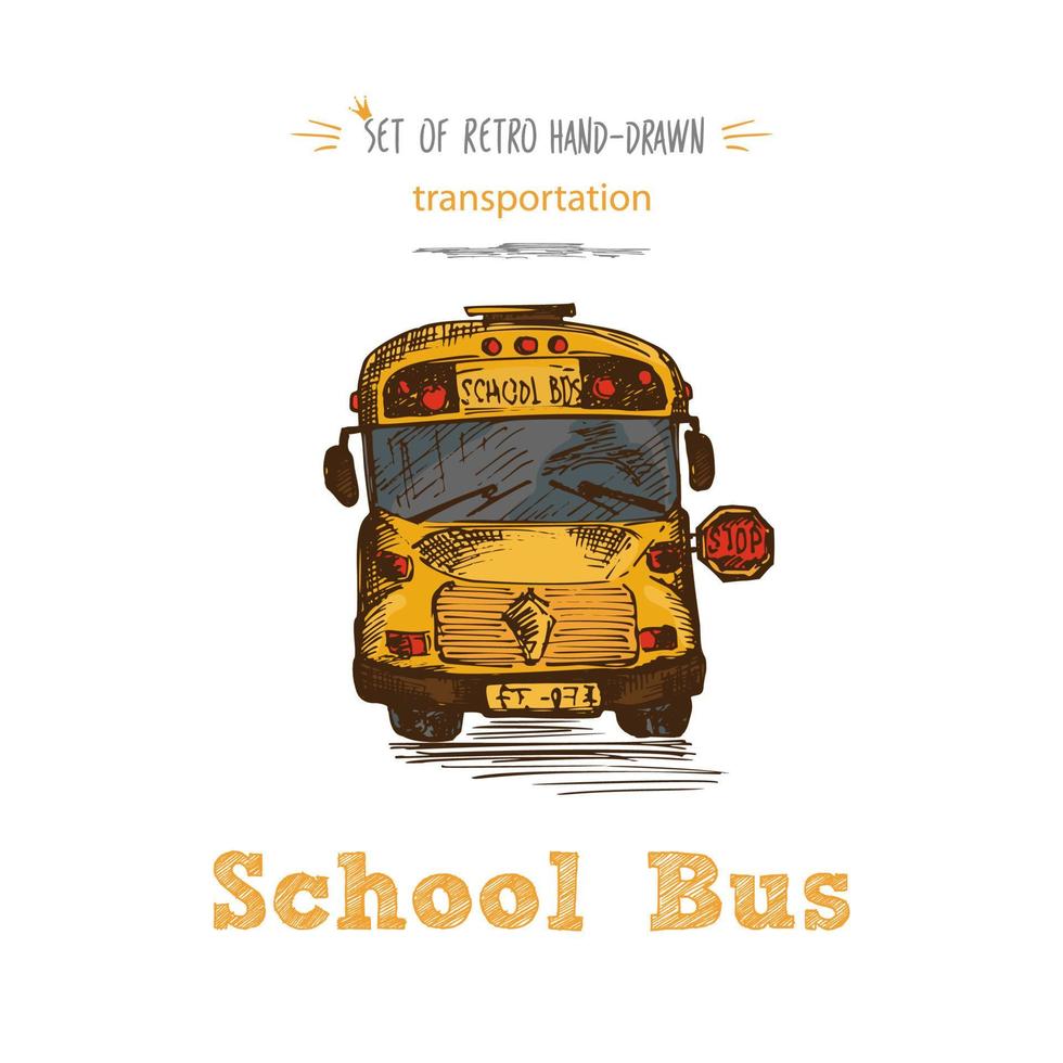 mano disegnato giallo scuola autobus simbolo isolato su bianca sfondo. con testo scuola autobus. Vintage ▾ sfondo. bene idea per lavagna design vettore