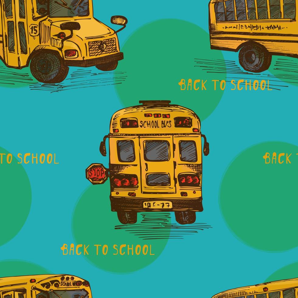 senza soluzione di continuità modello con disegnato a mano schizzo giallo autobus, isolato sfondo indietro per scuola tema, formazione scolastica concetto colore Vintage ▾ illustrazione. grafico arte elemento per tessile disegno, sfondo vettore