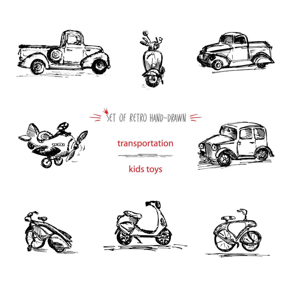 impostare, disegnato a mano Vintage ▾ bambini trasporto giocattoli, macchina, motociclo, bicicletta, camion e aereo. Presto inchiostro schizzo. vettore