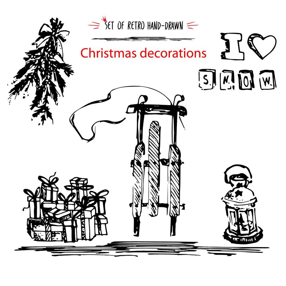 inverno vacanza impostare, allegro Natale decorazione schizzo inchiostro mano disegnato stile. isolato su bianca sfondo per nuovo anno o natale disegno, striscione, ghirlanda, cartolina, ornamento vettore