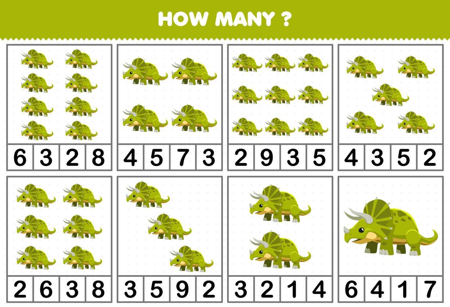 formazione scolastica gioco per bambini conteggio Come molti oggetti nel ogni tavolo di carino cartone animato preistorico dinosauro triceratopo stampabile foglio di lavoro vettore