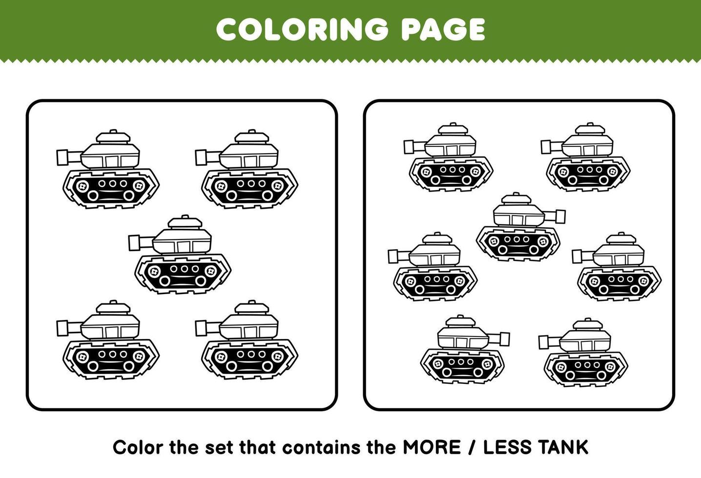 formazione scolastica gioco per bambini colorazione pagina Di Più o Di meno immagine di carino cartone animato serbatoio linea arte impostato stampabile mezzi di trasporto foglio di lavoro vettore