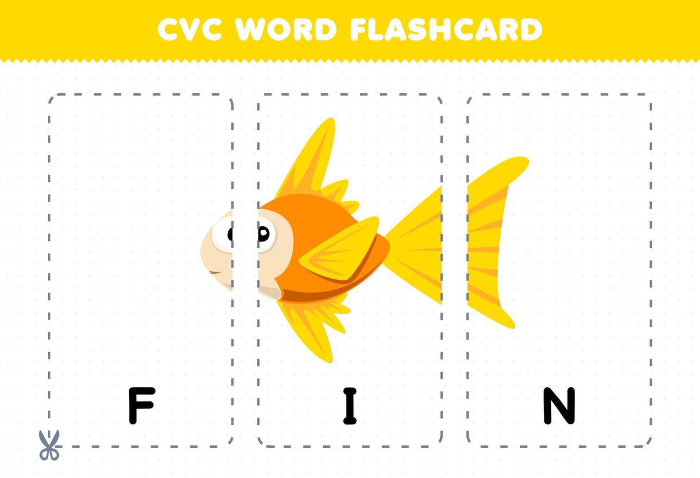 formazione scolastica gioco per bambini apprendimento consonante vocale consonante parola con carino cartone animato pesce pinna illustrazione stampabile flashcard vettore