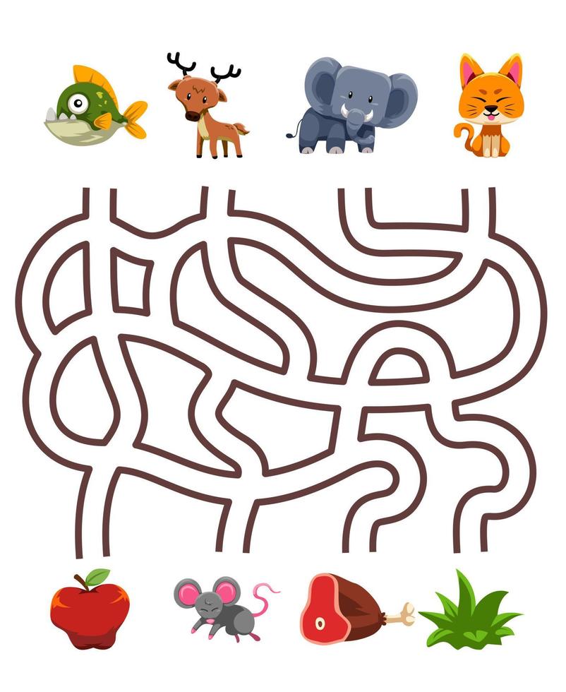 labirinto puzzle gioco per bambini paio carino cartone animato piranha cervo elefante gatto con il corretta cibo stampabile foglio di lavoro vettore