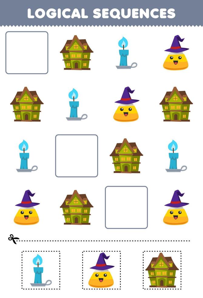 formazione scolastica gioco per bambini logico sequenze per bambini con carino cartone animato spaventoso Casa candela Mais caramella immagine Halloween stampabile foglio di lavoro vettore