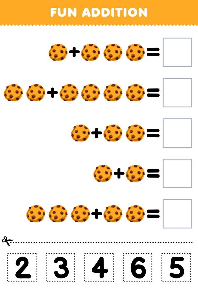 formazione scolastica gioco per bambini divertimento aggiunta di tagliare e incontro corretta numero per cartone animato cibo biscotti stampabile foglio di lavoro vettore