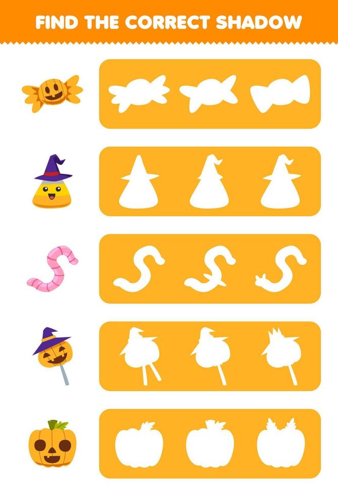 formazione scolastica gioco per bambini trova il corretta ombra silhouette di carino cartone animato Mais caramella zucca verme Halloween stampabile foglio di lavoro vettore