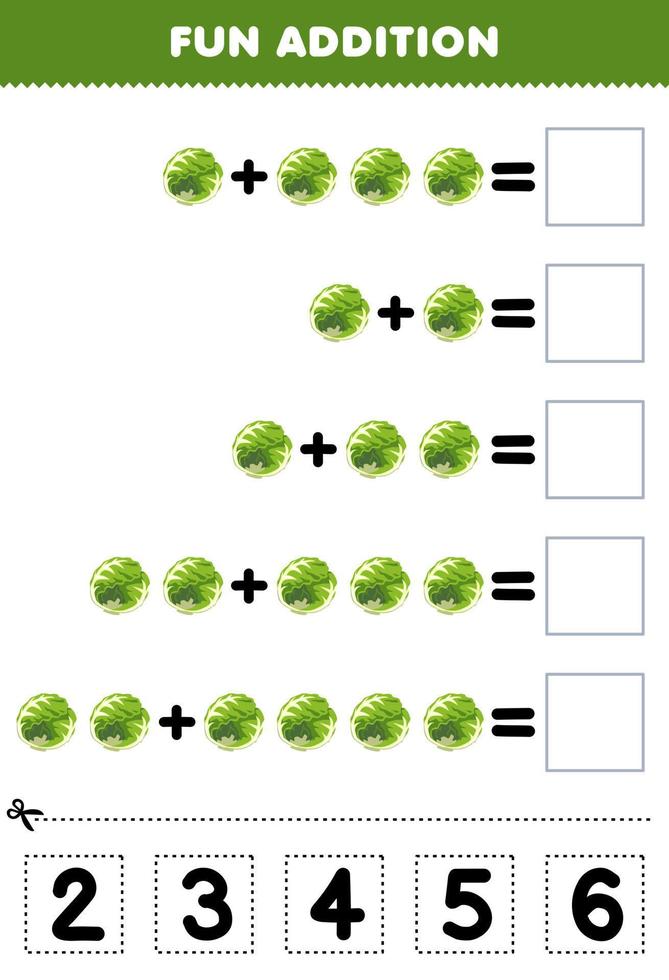 formazione scolastica gioco per bambini divertimento aggiunta di tagliare e incontro corretta numero per cartone animato cavolo verdura stampabile foglio di lavoro vettore