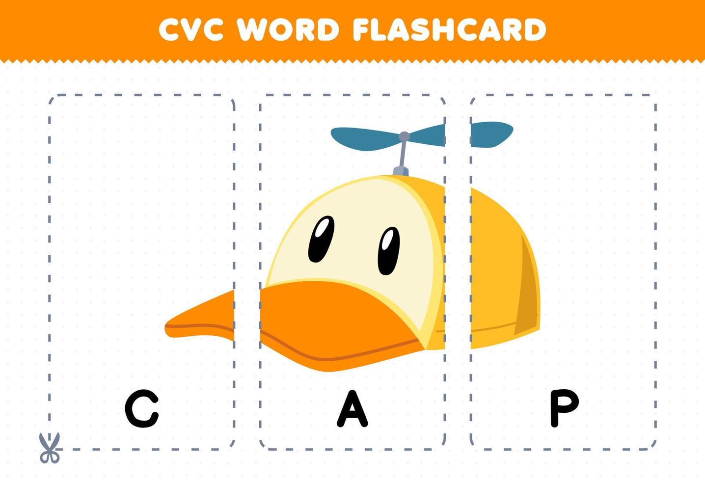 formazione scolastica gioco per bambini apprendimento consonante vocale consonante parola con carino cartone animato berretto illustrazione stampabile flashcard vettore