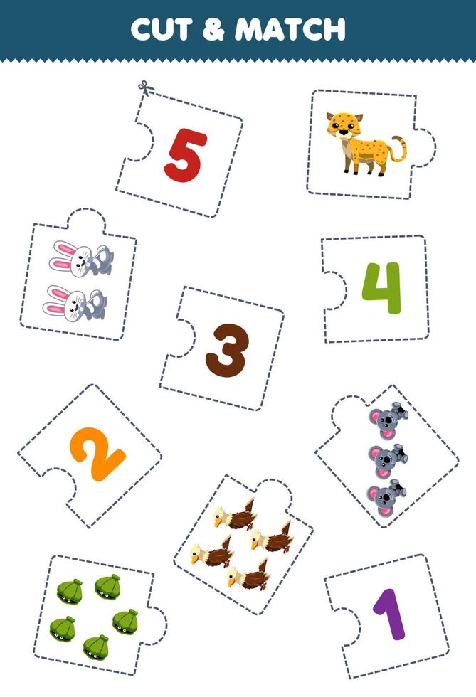 formazione scolastica gioco per bambini tagliare pezzo di puzzle e incontro di numero di carino cartone animato ghepardo coniglio koala aquila conchiglia stampabile foglio di lavoro vettore