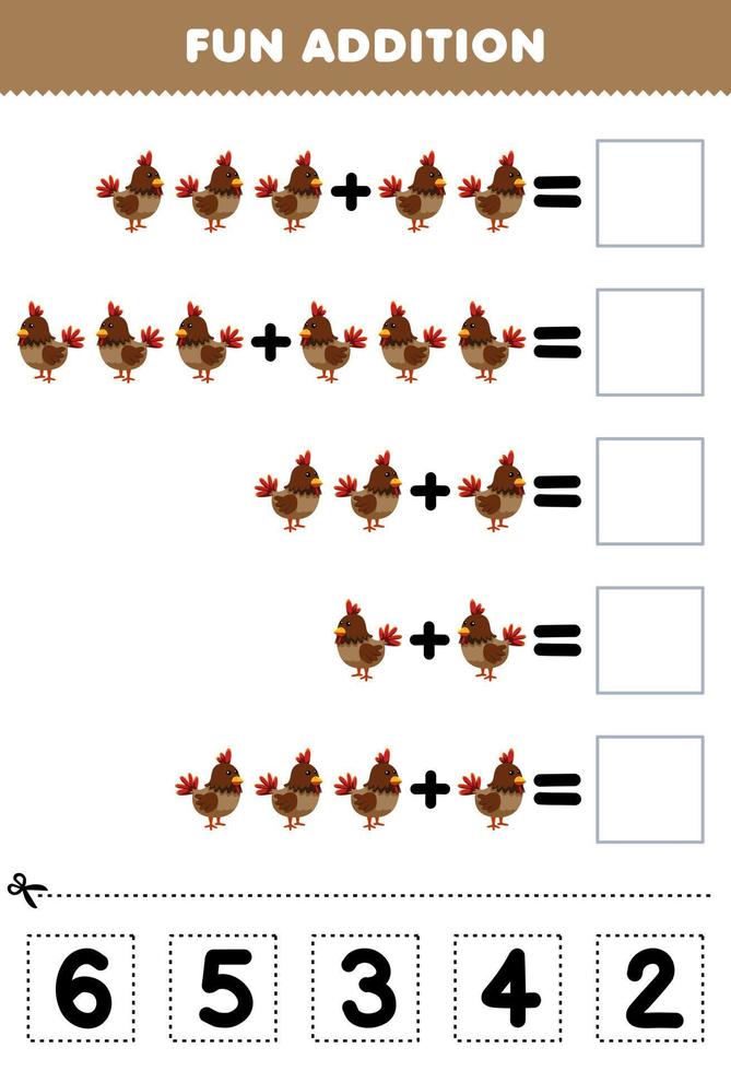 formazione scolastica gioco per bambini divertimento aggiunta di tagliare e incontro corretta numero per carino cartone animato Marrone pollo animale stampabile foglio di lavoro vettore