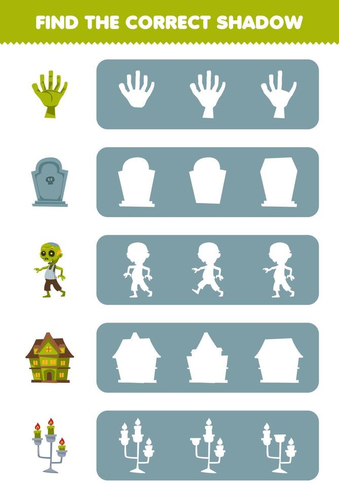 formazione scolastica gioco per bambini trova il corretta ombra silhouette di carino cartone animato mano lapide spaventoso Casa candela zombie Halloween stampabile foglio di lavoro vettore