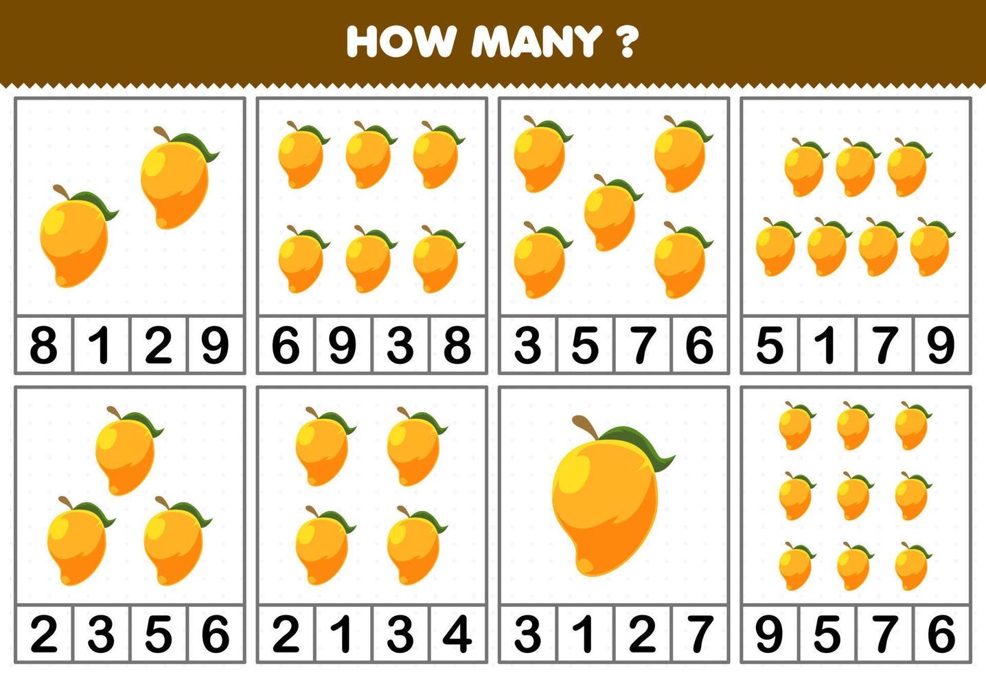 formazione scolastica gioco per bambini conteggio Come molti oggetti nel ogni tavolo di carino cartone animato Mango frutta stampabile foglio di lavoro vettore