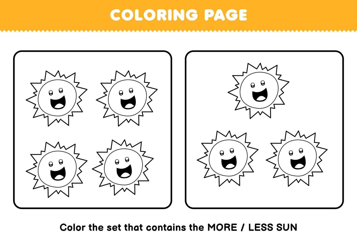 formazione scolastica gioco per bambini colorazione pagina Di Più o Di meno immagine di carino cartone animato sole linea arte impostato stampabile solare sistema foglio di lavoro vettore