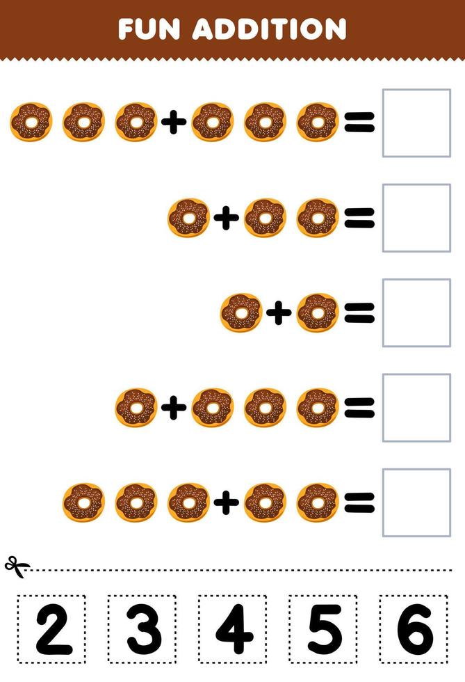 formazione scolastica gioco per bambini divertimento aggiunta di tagliare e incontro corretta numero per cartone animato cibo ciambella stampabile foglio di lavoro vettore