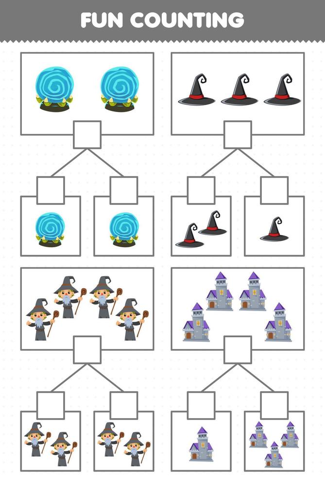 formazione scolastica gioco per bambini divertimento conteggio immagine nel ogni scatola di carino cartone animato Magia globo cappello castello procedura guidata costume Halloween stampabile foglio di lavoro vettore