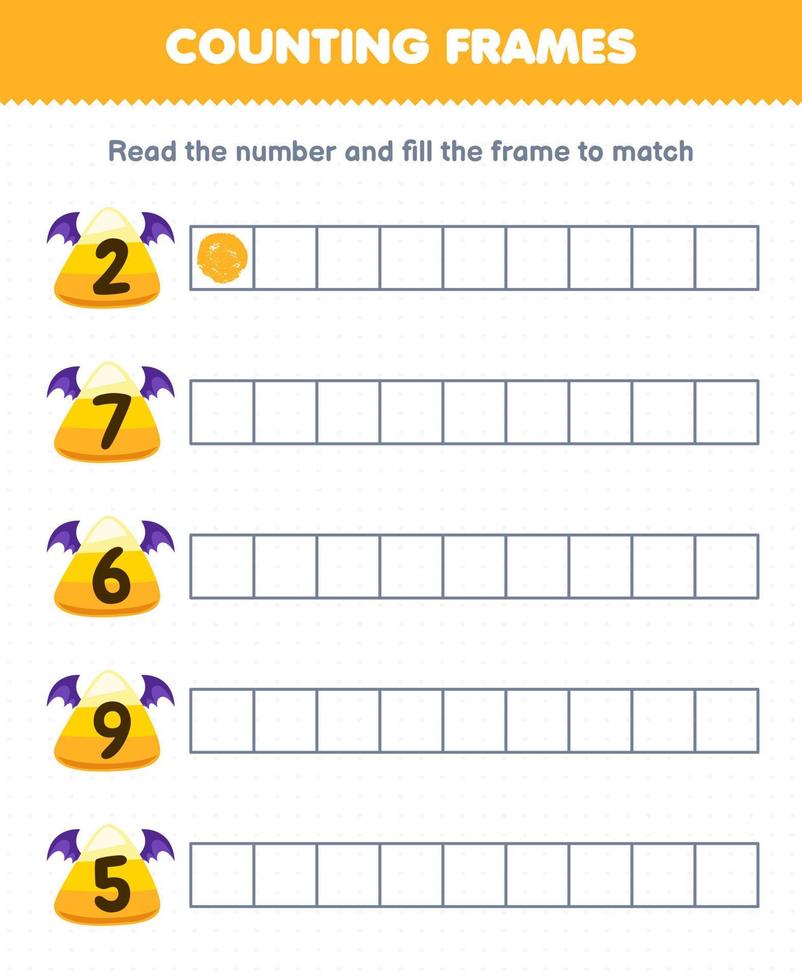 educativo gioco per bambini leggere il numero e riempire il montatura di carino cartone animato giallo Mais caramella Halloween stampabile foglio di lavoro vettore