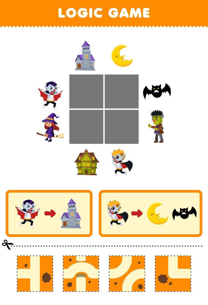 formazione scolastica gioco per bambini logica puzzle costruire il strada per dracula Halloween stampabile foglio di lavoro vettore