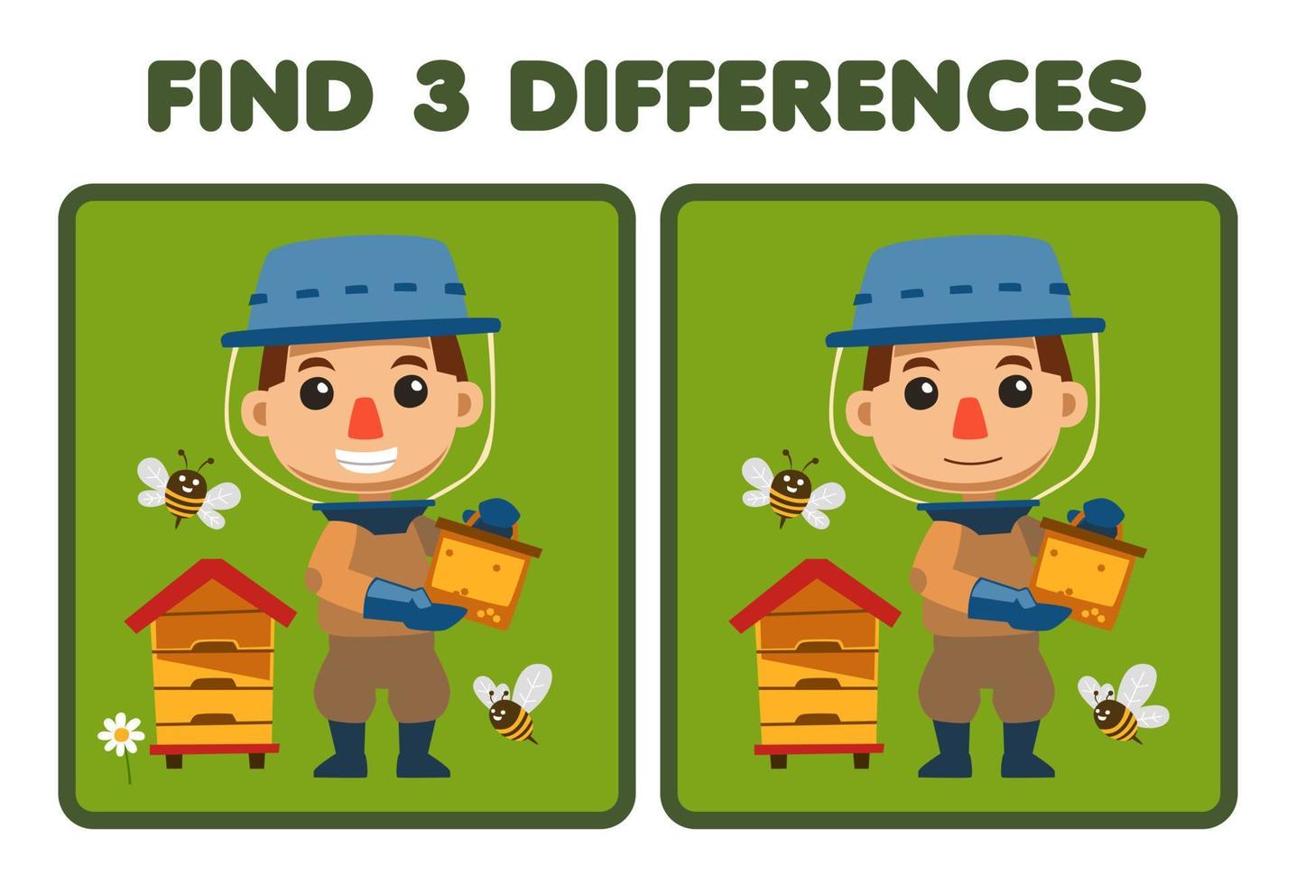 formazione scolastica gioco per bambini trova tre differenze fra Due carino cartone animato miele contadino apertura alveare azienda agricola stampabile foglio di lavoro vettore