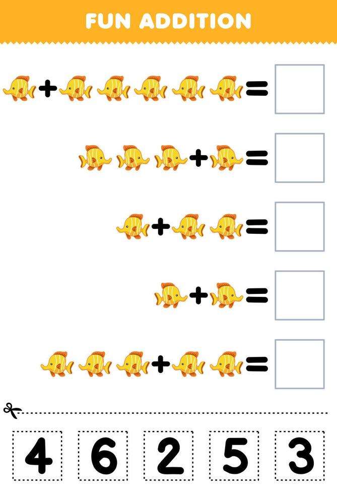 formazione scolastica gioco per bambini divertimento aggiunta di tagliare e incontro corretta numero per carino cartone animato giallo pesce animale stampabile foglio di lavoro vettore