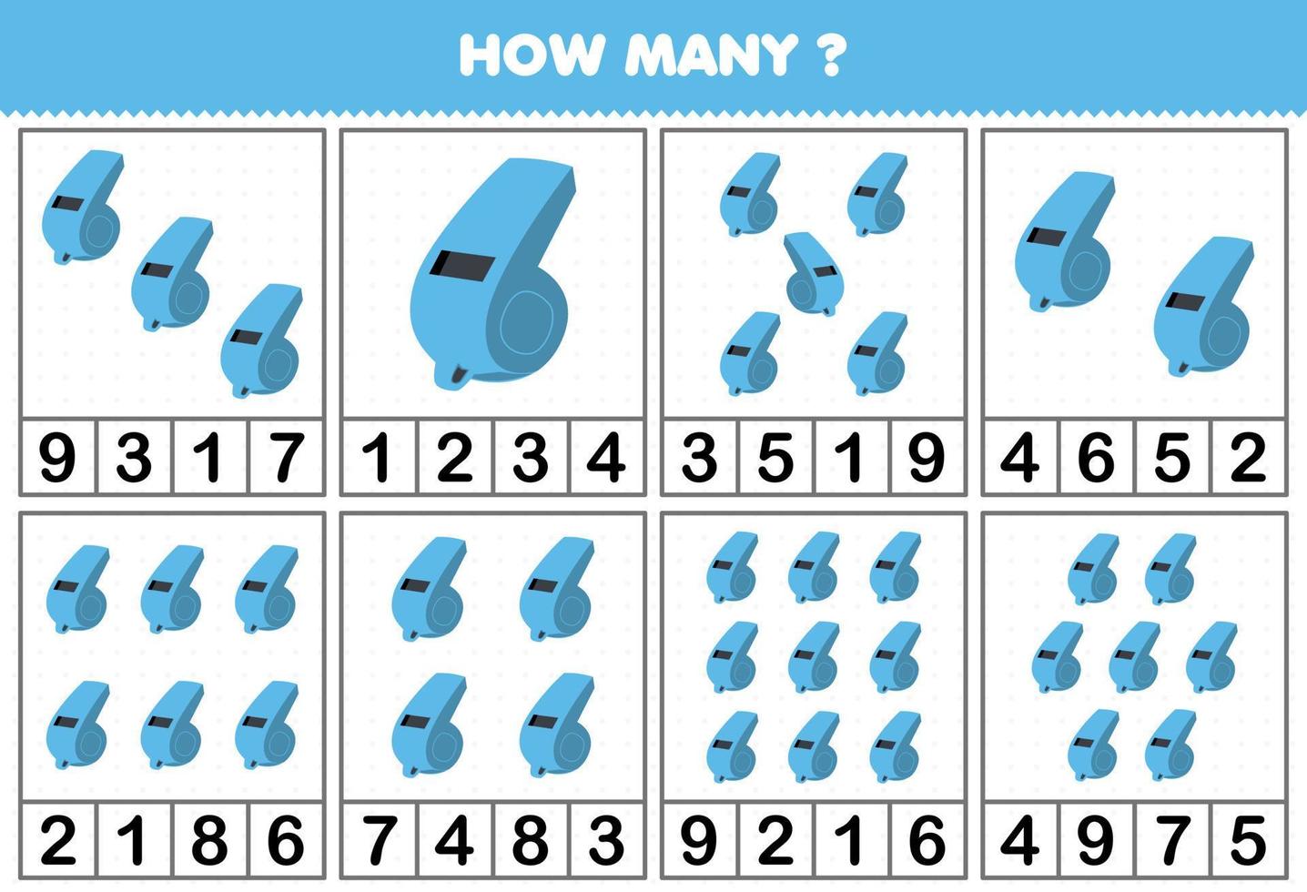 formazione scolastica gioco per bambini conteggio Come molti oggetti nel ogni tavolo di cartone animato musica strumento fischio stampabile foglio di lavoro vettore