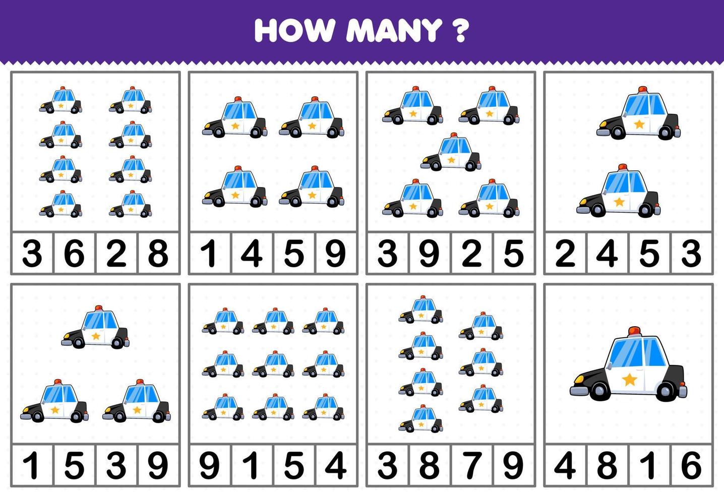 formazione scolastica gioco per bambini conteggio Come molti oggetti nel ogni tavolo di cartone animato polizia auto mezzi di trasporto veicolo stampabile foglio di lavoro vettore