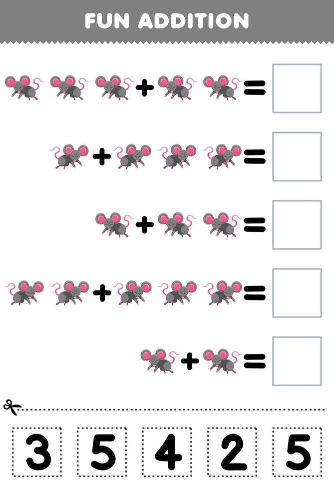 formazione scolastica gioco per bambini divertimento aggiunta di tagliare e incontro corretta numero per carino cartone animato grigio topo animale stampabile foglio di lavoro vettore