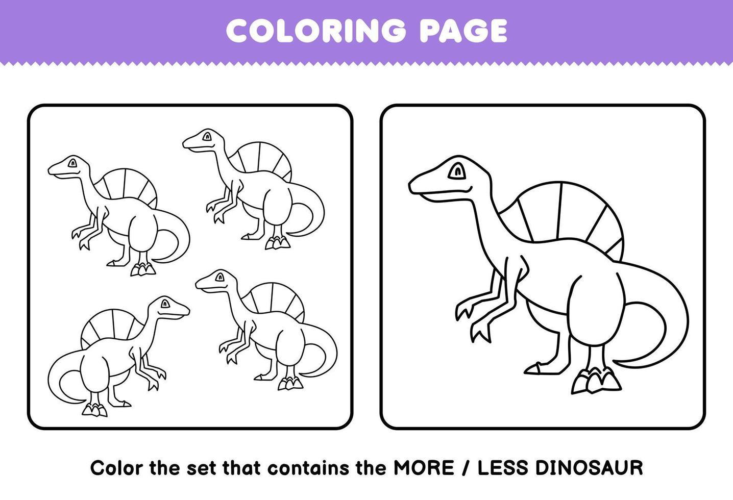 formazione scolastica gioco per bambini colorazione pagina Di Più o Di meno immagine di carino cartone animato preistorico dinosauro Spinosaurus linea arte impostato stampabile foglio di lavoro vettore