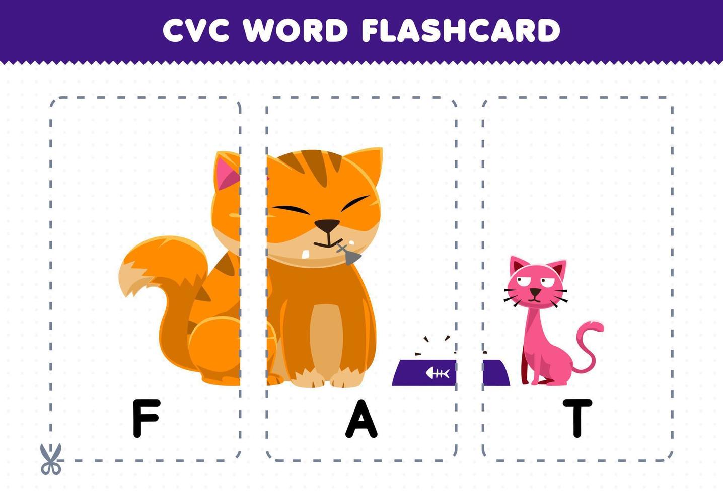 formazione scolastica gioco per bambini apprendimento consonante vocale consonante parola con carino cartone animato Grasso gatto illustrazione stampabile flashcard vettore