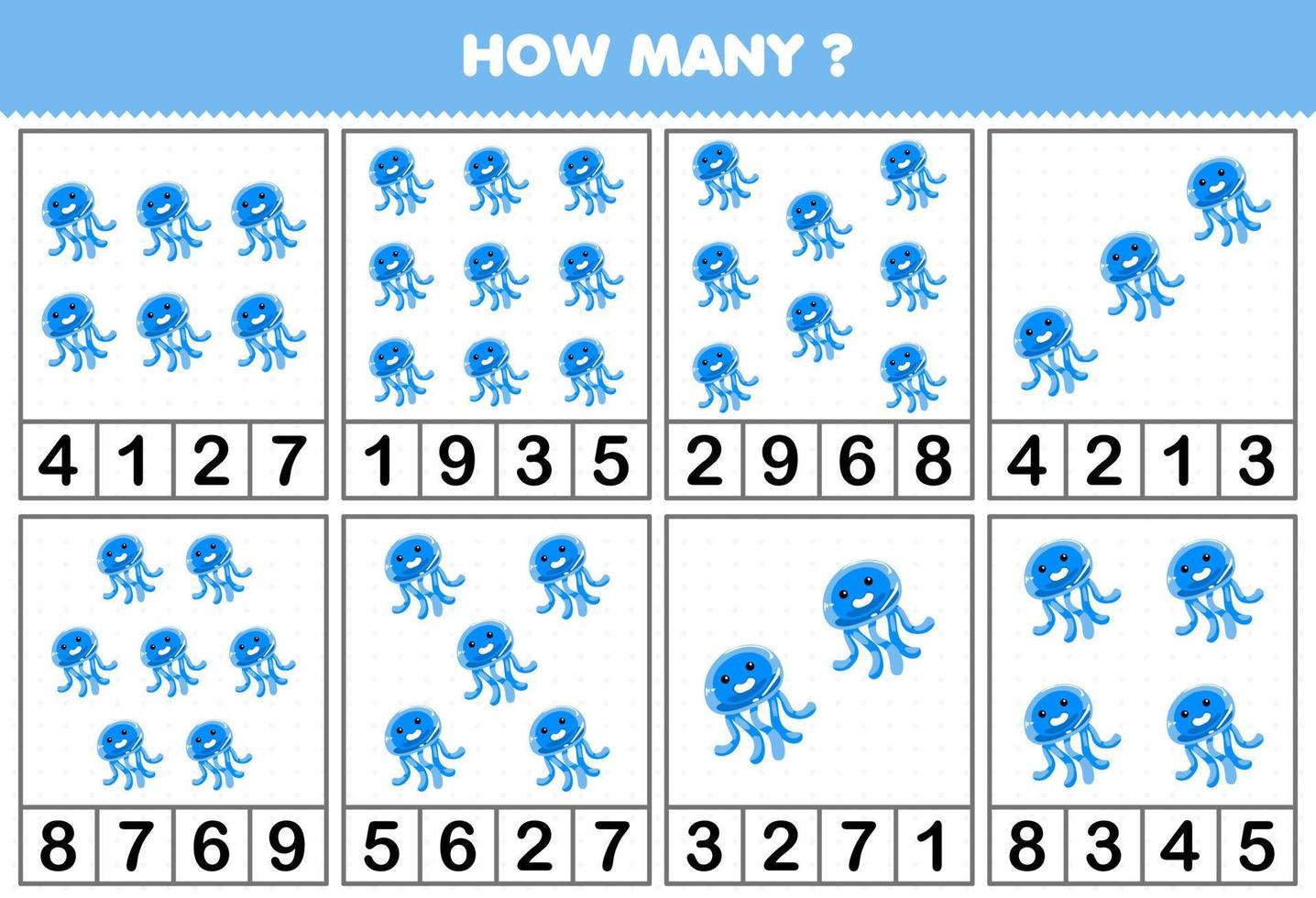 formazione scolastica gioco per bambini conteggio Come molti oggetti nel ogni tavolo di carino cartone animato Medusa animale stampabile foglio di lavoro vettore