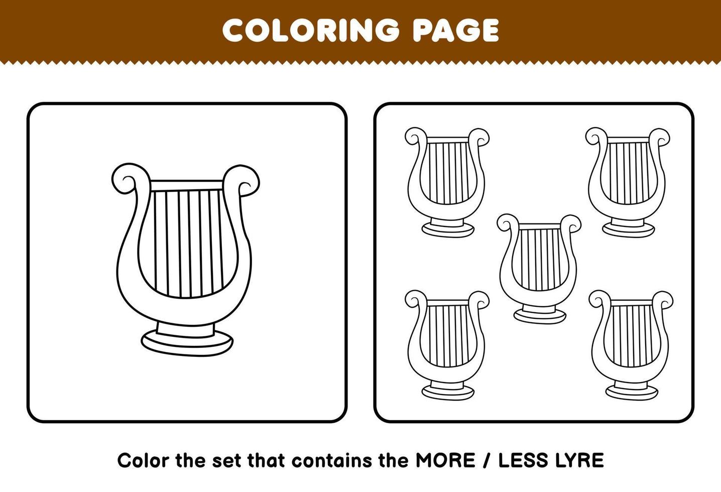 formazione scolastica gioco per bambini colorazione pagina Di Più o Di meno immagine di cartone animato musica strumento lira linea arte impostato stampabile foglio di lavoro vettore